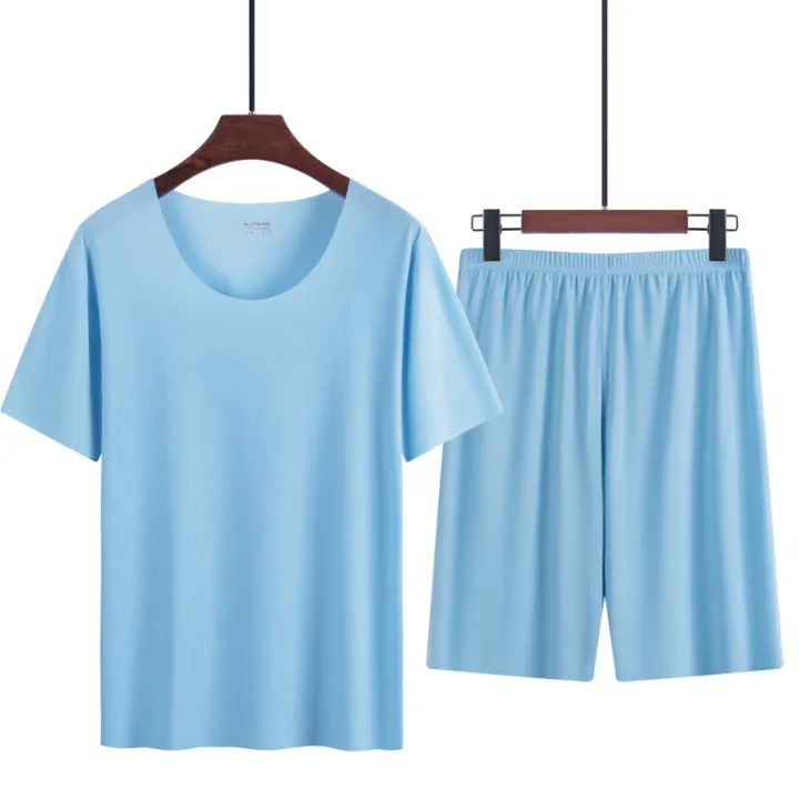 New%20Ice%20Silk%20Short-Sleeved%20Pyjamas%20for%20Men%20Summer%20Homewear%20Set%20Modal%20Seamless%20Crew%20Neck%20Lightweight%20Short-Sleeved%20T-Shirt%20Set%20-%20Image%205