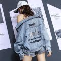 Women's denim jacket Korean version of the jacket Korean version of the long-sleeved sunscreen vintage collar striped shirt. 