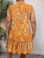 Plus Size 2025 Summer New Women's Elegant Slim Fit Short Sleeve Dress - Black Gold and Red Paisley Print Ruched Hem Round Neck. 