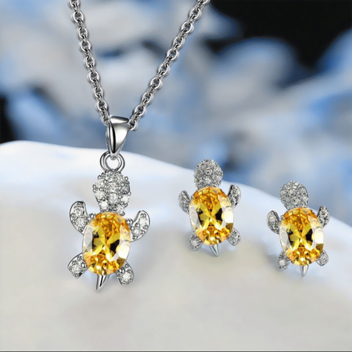 3pcs%20Silver-plated%20Necklace%20Earrings%20Set%20Ladies%20Light%20Luxury%20Fashion%20Style%20Turtle%20Shape%20With%20Multi%20Color%20Glass%20Diamond%20-%20Image%205