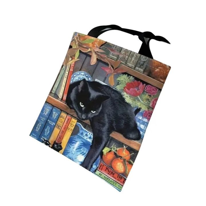 Bookshelf Black Cat Canvas Tote Bag, Large Capacity Shoulder Bag For Travel & Work, Multi-Purpose Reusable Grocery Shopping Bag