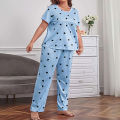 Womens Plus Size Pajama Set Love Heart Print Short Sleeve T-shirt Top & Pants Sleepwear Loungewear Soft Comfortable Home Clothes. 