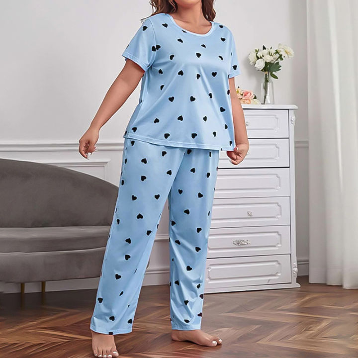 Womens%20Plus%20Size%20Pajama%20Set%20Love%20Heart%20Print%20Short%20Sleeve%20T-shirt%20Top%20&%20Pants%20Sleepwear%20Loungewear%20Soft%20Comfortable%20Home%20Clothes%20-%20Image%202