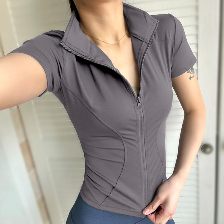 Summer%20High%20Quality%20Waist%20Slimming%20Training%20Tops%20Women's%20Quick-drying%20Tight%20Stand%20Collar%20Full%20Zipper%20Short%20Sleeves%20Yoga%20Shirts%20-%20Image%205