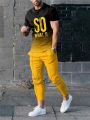 Summer Men's Fashion Gradient Splicing Printed Soft and Breathable Round Neck T-shirt Pants Set Outdoor Casual Clothing.