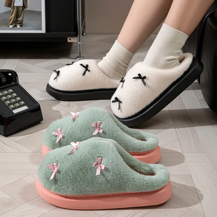 Fashion%20Women's%20Bow%20Slippers%20Winter%20Indoor%20Home%20Warm%20Non-Slip%20EVA%20Thick%20Bottom%20Couples%20Shoes%20Plush%20Soft%20Sole%20House%20Slides%20-%20Image%202