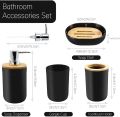 4-piece black bathroom accessories set, plastic toothbrush holder with bamboo cover, toothbrush cup, lotion dispenser, soap box. 