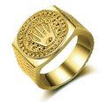 ROP TRENDING STAINLESS STEEL HIP-HOP GOLDEN TITANIUM CROWN RING FOR MEN OR BOYS. 