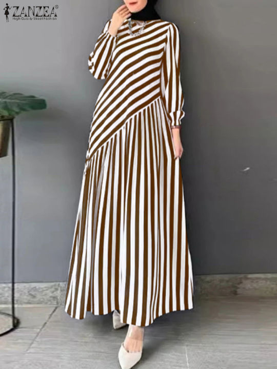 ZANZEA 2025 Fashion Autumn Stripe Dresses Women Elegant Stylish Long Sleeve Party Dress Work Vestidos Muslim Abaya Robe Femme