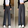 Women Fashion Suit Pants Lady Breathable Baggy High Waist Wide Leg Trousers Lady Straight Leg Gray Classic Office Long Pants.
