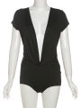 Weird Puss  Coquette Romper Women Shorts Sleeve Deep V-Neck Patchwork Knot Ruched Sash Midnight Club Skinny Street Playsuits. 