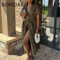 KONDALA 2026 Spring Summer Vintage Women Dress Fashion Single Breasted Sashes Draped V Neck Sleeveless Chic Brown Ladies Dresses. 