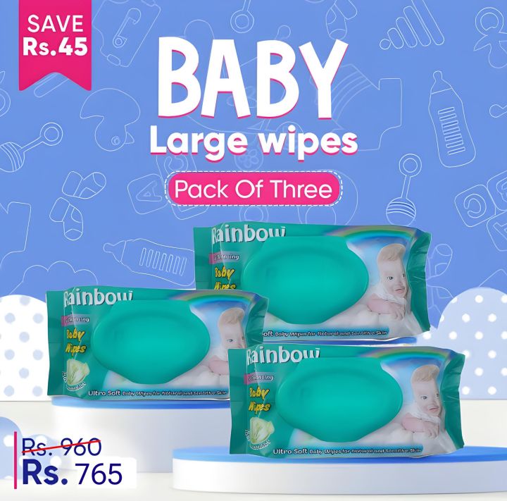 Pack of 3 Large Baby Wipes Soft Creme Cotton 100% Original Rainbow brand