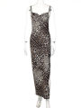 Hugcitar Leopard Print Swing Collar Sleeveless  Maxi Slit Prom Dress Summer Women Fashion Y2K Clothes Party Beach Vacation. 