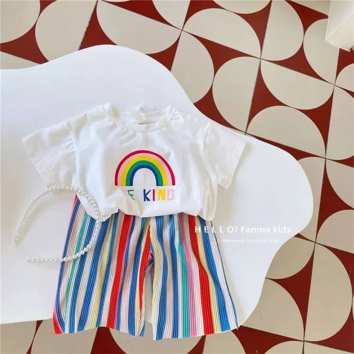 Kids%20Girls%20Sets%20Baby%20Summer%20Suit%20Children's%20Tops%20Bottoms%20Suit%20New%20Cute%20Short-Sleeved%20T-Shirt%20Rainbow%20Pleated%20Pants%20Two-Piece%20-%20Image%202