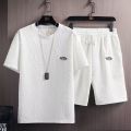 Trendy White Casual Suit Men's Fashionable Two Piece Set Korea Summer Simple Style Fitting Short Sleeve Business Attire. 