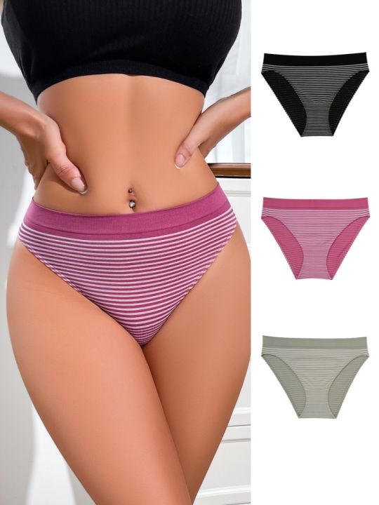 3Pcs Women's Striped Underpants Trendy Simple Triangle Briefs Comfortable Breathable Close Fitting Mid High Waist Underpants