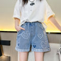 Girls' summer versatile  love denim 2025 new product summer thin fashion jeans casual sports shorts 5-15 years old. 