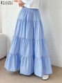 ZANZEA Women Korean Fashion Tiered Maxi Skirt Elastic Waist Casual Solid Color A-line Faldas Mujer Holiday Streetwear Long Jupes. 