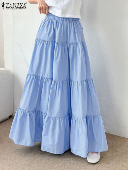 ZANZEA%20Women%20Korean%20Fashion%20Tiered%20Maxi%20Skirt%20Elastic%20Waist%20Casual%20Solid%20Color%20A-line%20Faldas%20Mujer%20Holiday%20Streetwear%20Long%20Jupes%20-%20Image%204
