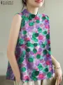 ZANZEA Women Summer Tank Tops 2024 Korean Sleeveless Print Camis Blouse Fashion Round Neck Shirt Casual Loose Round Neck Tunics. 