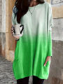 Fall/Winter New Fashionable Elegant Gradient Print Casual Crew Neck Pocket Plus Size Women's Long T-Shirt Top.