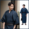 Japanese Traditional Samurai Kimono For Men Yukata Bathing Robe Hekoobi Loose Style Sauna Wear Homewear Belt Long Gown Cotton.