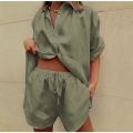 Women's 2 Piece Cotton Linen Outfit Loose Short Sleeve Button Down Shirt Drawstring Elastic Waist Shorts Set Summer Beach Wear.