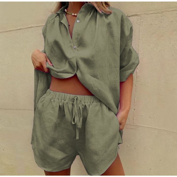 Women's%202%20Piece%20Cotton%20Linen%20Outfit%20Loose%20Short%20Sleeve%20Button%20Down%20Shirt%20Drawstring%20Elastic%20Waist%20Shorts%20Set%20Summer%20Beach%20Wear%20-%20Image%206