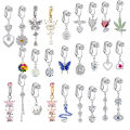 Faux Fake Belly Piercing Butterfly Leaves Dangling Long Fake Belly Button Pircing Clip On Umbilical Navel Cartilage Earring Clip. 