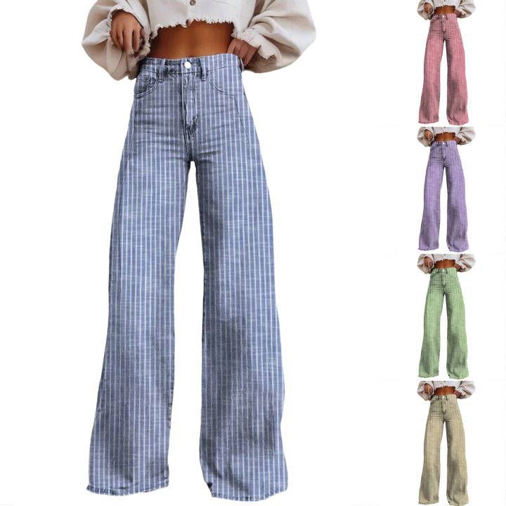 Women%20Bootcut%20Jeans%20Fashion%20Trendy%20Color%20Striped%20Wide%20Leg%20Straight%20Leg%20Mopping%20Pants%20Casual%20Street%20Style%20All-Match%20Denim%20Pants%20-%20Image%202