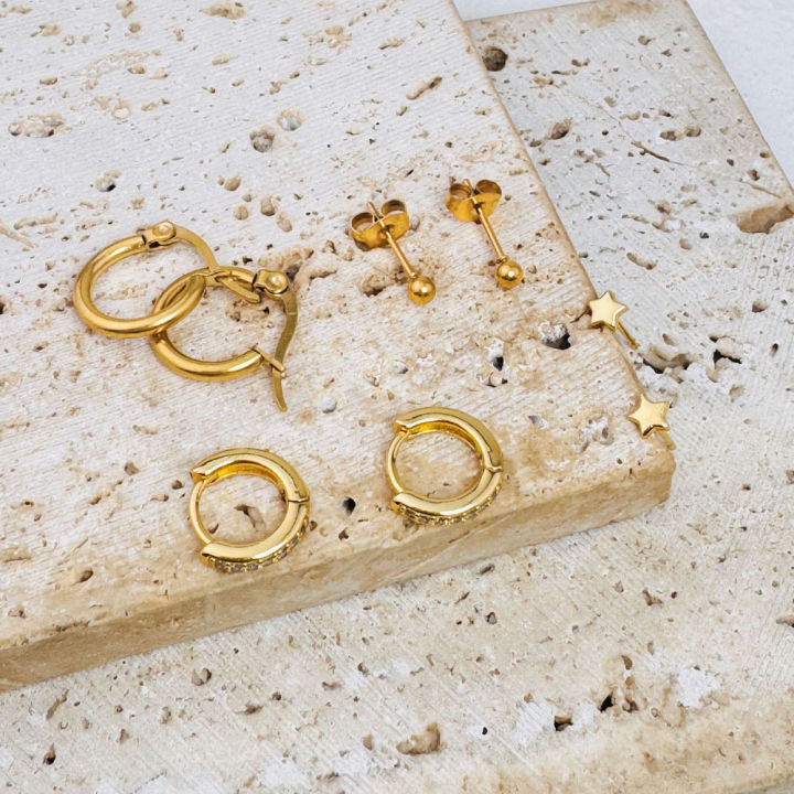 4Pairs%20Stainless%20Steel%20Small%20CZ%20Hoop%20Star%20BalL%20Stud%20Earrings%20Set%20for%20Women,%2018K%20Gold%20Plated%20Earring%20Stack%20for%20Multiple%20Piercing%20-%20Image%206