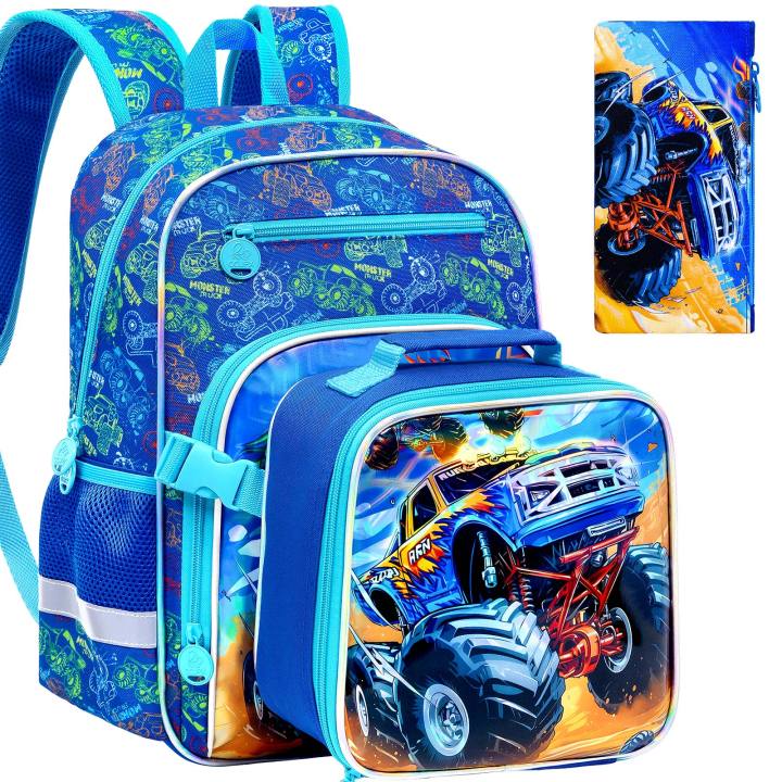 Bookbag for Kids Boys, 3PCS Backpack Set with Clip-On Lunch Box, Truck School Bag for Elementary Preschool Toddler