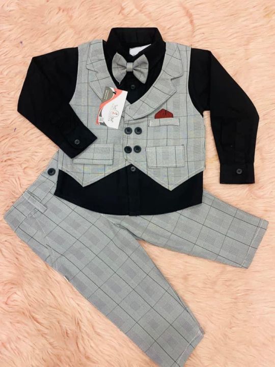demanding four piece party dress set for 6 month to 7 years baby boys with full sleeves shirt , full pant , vest and a bow tie