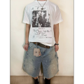 Summer men's loose straight denim shorts with high street splatter ink and raw hem breathable and stylish for daily outdoor wear. 