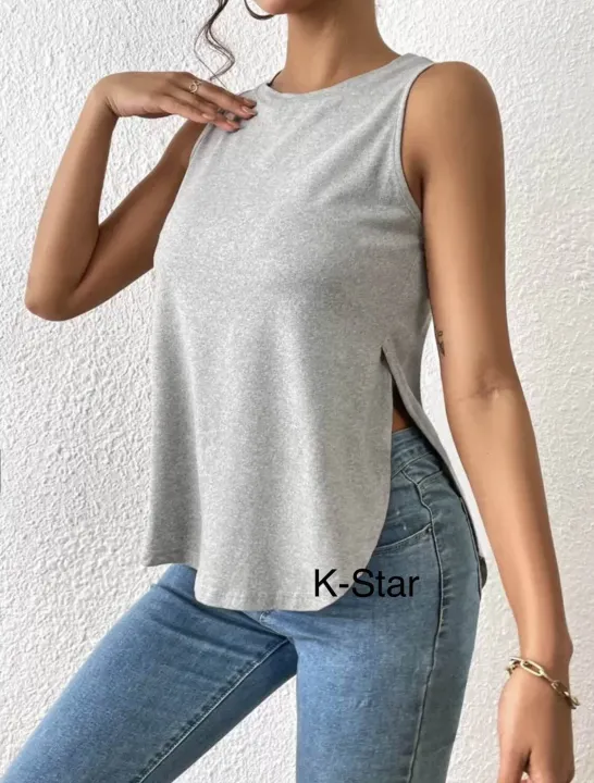 Solid%20Curved%20Hem%20Tank%20Top%20Grey%20Casual%20Collar%20Fabric%20Plain%20Tank%20Embellished%20Medium%20Stretch%20Women%20Clothing%20-%20Image%203