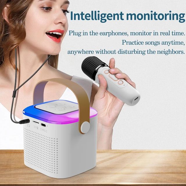 Y1 Microphone Karaoke Machine Bluetooth Speaker 5.3 System with 2 Wireless Mic RGB Light Home Family Singing Speaker Kid Gift