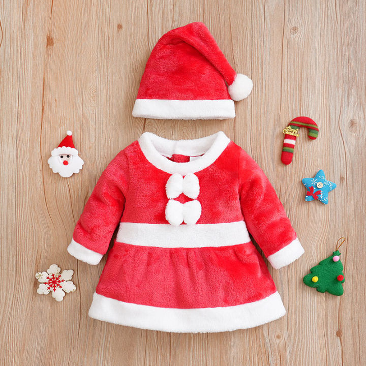 Christmas Newborn Clothes Cute Bow Flannel Comfortable And Soft 0-18 Girls Autumn And Winter Long Sleeved Baby Skirt+Hat