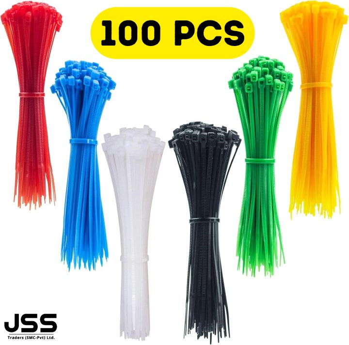(JSS) 100pcs of Heavy-Duty Durable Nylon Cable Tie Zip tie 4 6 8 10 12 16 18 22 inch Cable Tie For Indoor/Outdoor Use Multipurpose cable tie UVresistant Tie White-Black-Blue-Green-Yellow-Red Colors SelfLocking Nylon Cable Tie/Zip Tie For Electrical Use