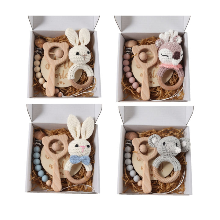 4pcs Newborn Set - Baby crochet rattle Pacifier Clip, Teether, - bunny teether elephant toy photography background set
