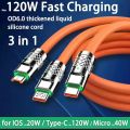 3 in 1 120W 6A Fast Charging Type C Cable Micro USB for i-Phone Charging Cable for S am-sung Hua-wei Phone Charger USB Cable. 