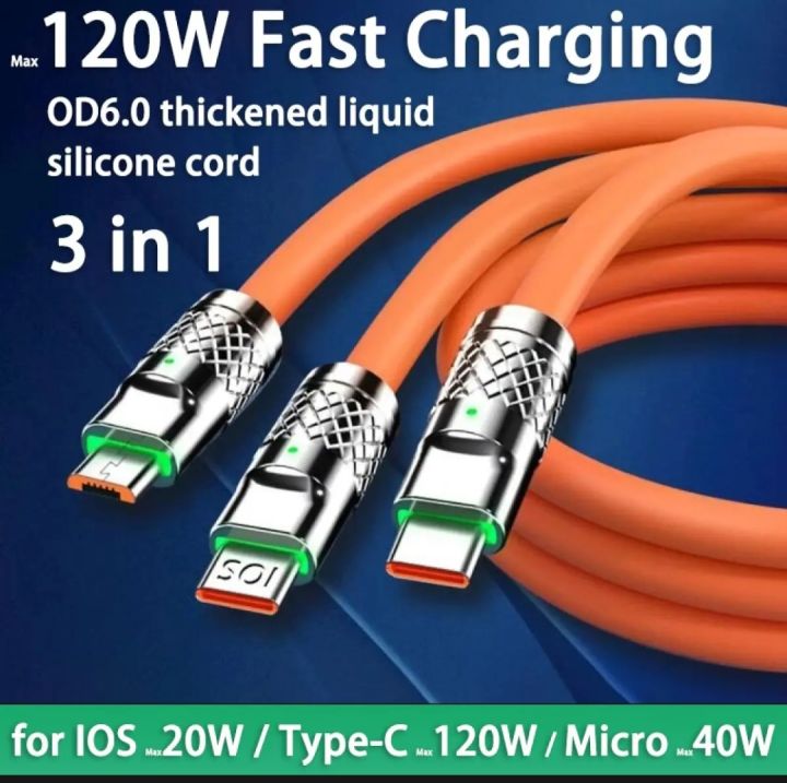 3 in 1 120W 6A Fast Charging Type C Cable Micro USB for i-Phone Charging Cable for S am-sung Hua-wei Phone Charger USB Cable