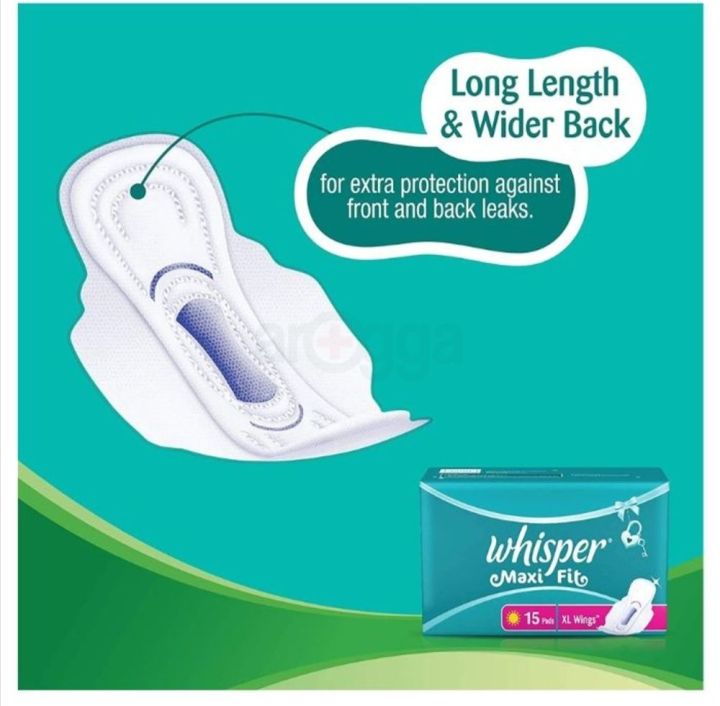 Whisper%20Maxi%20Fit%20Sanitary%20Pads%20with%20Wings%20L+%2015%20Pcs%20-%20Image%202
