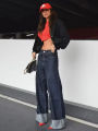 HH Women Fashion Denim Set Casual Lapel Long Sleeve Crop Jacket Buttons Female Vintage Wide Leg Loose Jeans Long Pants.