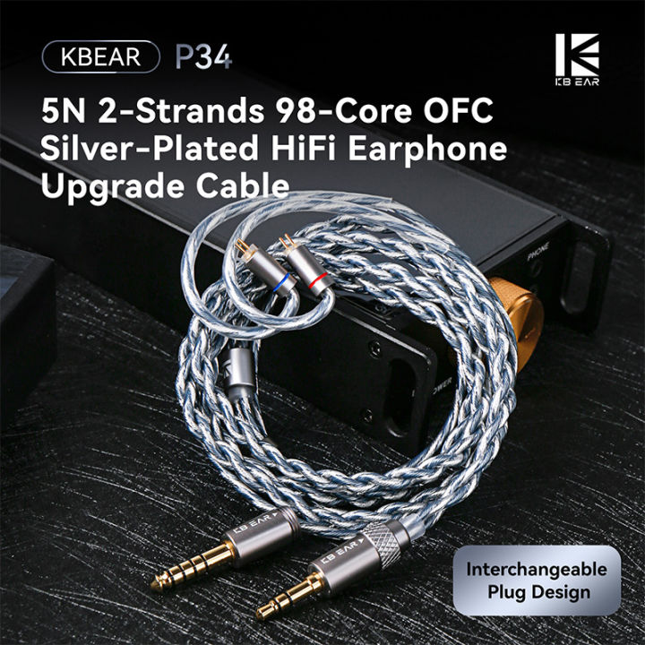 KBEAR P34 Earphone Upgrade Cable 5N 2-Strands 98-Core OFC Silver-Plated Interchangeable Plug Design 3.5/4.4 for MK3