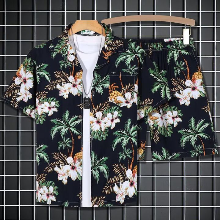 Hawaii Short-sleeved Flower Shirts and Shorts Set for Men and Women Loose Beach Vacation Wear Summer Thin Couples Clothing