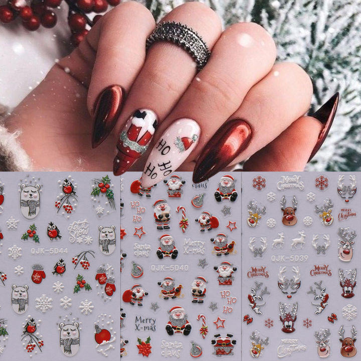 3pcs Christmas glitter embossed cute cartoon stickers, gifts, DIY, party makeup styling, art stickers, easy to apply nail