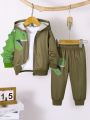 Spring Autumn Baby Boy Dinosaur Print Long Sleeve Hooded Jacket And Trousers Cute Two-Piece Set for Toddlers And Infants. 