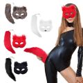 Therian Mask and Tail Set Halloween Cosplays Costume Accessorie Cats Mask Tail Half Face Faux Furs Foxes Tail Cats Mask. 