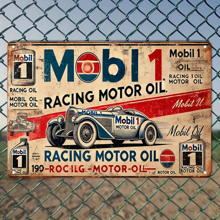 2D Flat, Vintage Mobil 1 Racing Motor Oil Metal Tin Sign - Rustic Iron ...